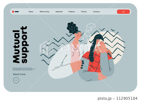 Mutual Support: Emotional aid and support -modern flat vector concept illustration of a woman comforting her friend in her sorrow A metaphor of voluntary, collaborative exchanges of resource, services 112905184
