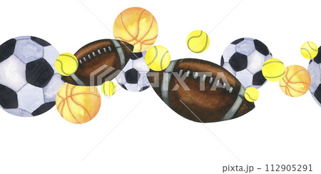 Watercolor balls seamless horizontal border. American football, soccer, tennis, buscketball ball. Hand drawn illustration isolated on white 112905291
