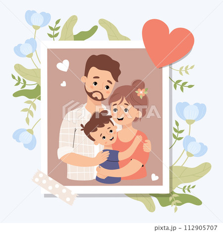 Happy family card. Photo portrait of bearded man hugging his beautiful brunette wife and son. Holiday photo frame with soft blue flowers and heart. Vector illustration 112905707