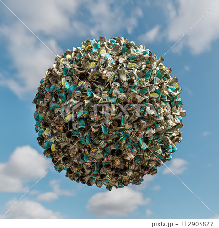 Crushed old metal cans forming sphere 112905827