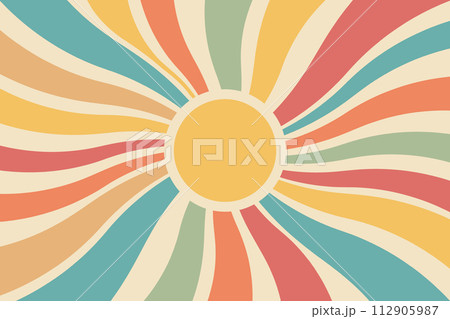 Vintage solar tapestry in boho style. Retro 70s style wall, sunrise rainbow. Minimal geometric abstract art. Hippie bohemian decor. Vector 112905987