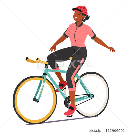 Sportswoman Cyclist Gracefully Rides, Arms Outstretched, Embodying Triumph And Freedom, Vector Illustration Sportswoman Cyclist Gracefully Rides, Arms Outstretched, Embodying Triumph And Freedom, Vector Illustration 112906002