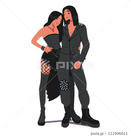 Goth Subculture Couple Embodies A Dark, Romantic Aesthetic, Featuring Black Clothing, Victorian-inspired Accessories Goth Subculture Couple Embodies A Dark, Romantic Aesthetic, Featuring Black Clothing, Victorian-inspired Accessories 112906021