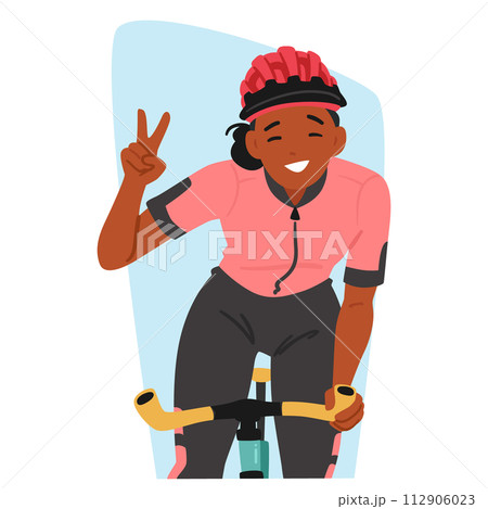Sportswoman Cyclist Pedals With A Radiant Smile and Victory Gesture, Embodying Joy In Motion, Vector Illustration Sportswoman Cyclist Pedals With A Radiant Smile and Victory Gesture, Embodying Joy In Motion, Vector Illustration 112906023