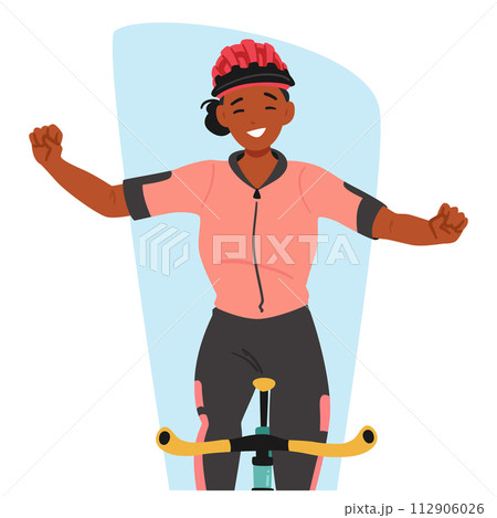 Triumphant Cyclist Female Character Exuberantly Raised A Victorious Fists, Beaming With A Radiant Smile, Embodying Joy 112906026
