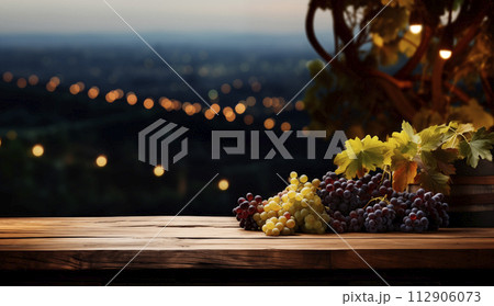 AI-generated content. Wooden table with copy space, dark vineyard background. Product display montage. AI generated 112906073