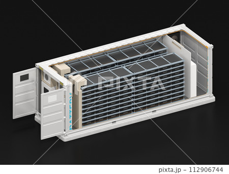 黒バックにコンテナ型蓄電システムのアイソメ断面図。電力貯蔵システムのコンセプト 黒バックにコンテナ型蓄電システムのアイソメ断面図。電力貯蔵システムのコンセプト 112906744