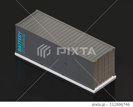 黒バックにコンテナ型蓄電システムのアイソメ図。電力貯蔵システムのコンセプト 112906746