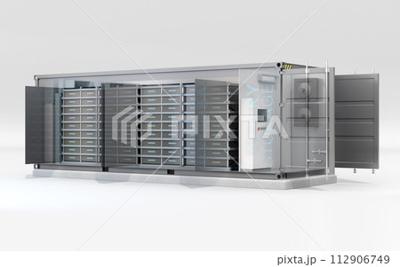 コンテナ型蓄電システムの構造説明イラスト。電力貯蔵システムのコンセプト 112906749