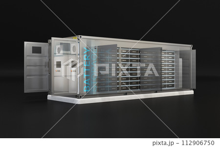 コンテナ型蓄電システムの構造説明イラスト。電力貯蔵システムのコンセプト 112906750