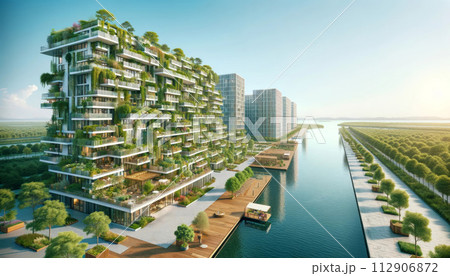 residential area with high-rise buildings featuring vertical gardens and pedestrian pathways, next to a water channel. Generative AI 112906872