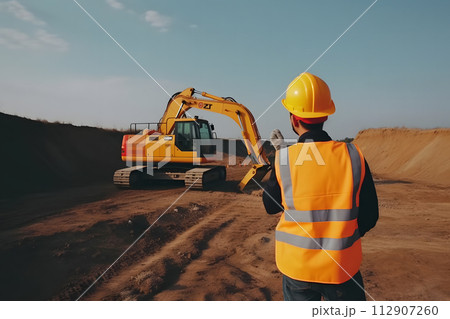 AI-generated content. Construction engineer supervising work at building site. Neural network AI generated art 112907260