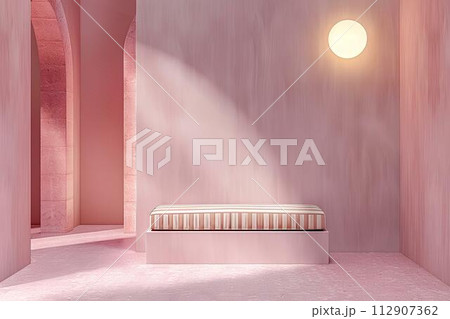 Interior of a room with a white bench and a round window Interior of a room with a white bench and a round window 112907362