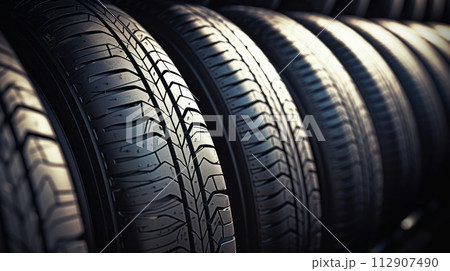 AI-generated content. close-up new tires in the auto repair service center. Neural network AI generated art 112907490