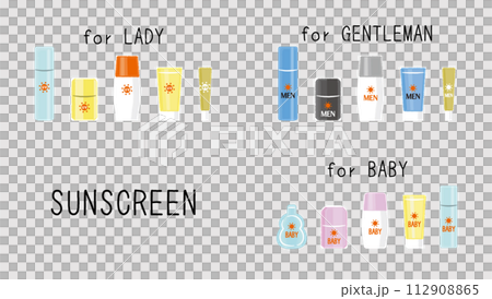色々なタイプのメンズ・ベビー・大人向け日焼け止め。主線なしベクターイラストのセット。 112908865