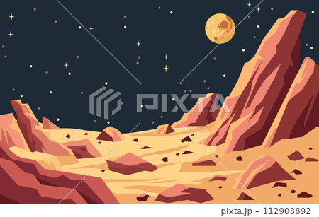 Flat Design of Beautiful Landscape in Planet Surface with Rock Stone in Outer Space Flat Design of Beautiful Landscape in Planet Surface with Rock Stone in Outer Space 112908892