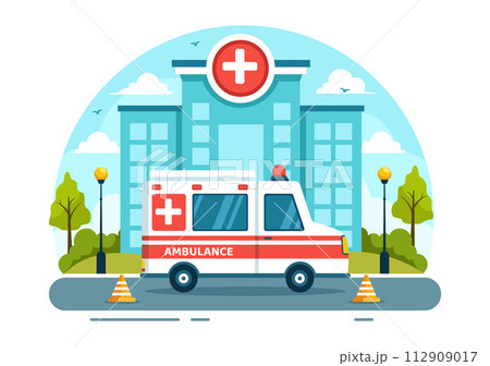 Medical Vehicle Ambulance Car or Emergency Service Vector Illustration for Pick Up Patient the Injured in an Accident in Flat Cartoon Background Medical Vehicle Ambulance Car or Emergency Service Vector Illustration for Pick Up Patient the Injured in an Accident in Flat Cartoon Background 112909017