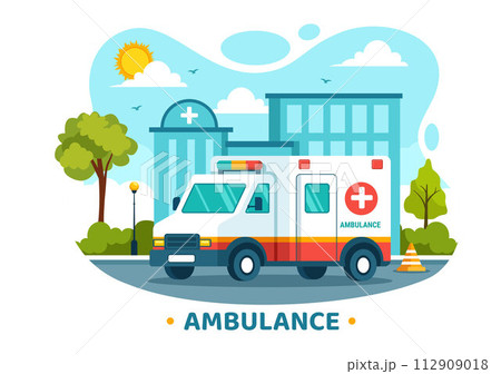 Medical Vehicle Ambulance Car or Emergency Service Vector Illustration for Pick Up Patient the Injured in an Accident in Flat Cartoon Background Medical Vehicle Ambulance Car or Emergency Service Vector Illustration for Pick Up Patient the Injured in an Accident in Flat Cartoon Background 112909018