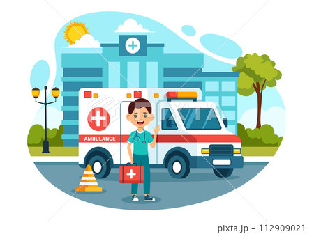 Medical Vehicle Ambulance Car or Emergency Service Vector Illustration for Pick Up Patient the Injured in an Accident in Flat Cartoon Background Medical Vehicle Ambulance Car or Emergency Service Vector Illustration for Pick Up Patient the Injured in an Accident in Flat Cartoon Background 112909021
