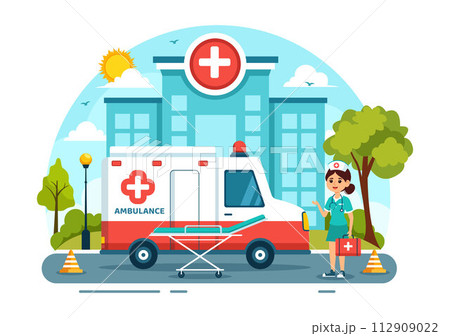 Medical Vehicle Ambulance Car or Emergency Service Vector Illustration for Pick Up Patient the Injured in an Accident in Flat Cartoon Background Medical Vehicle Ambulance Car or Emergency Service Vector Illustration for Pick Up Patient the Injured in an Accident in Flat Cartoon Background 112909022