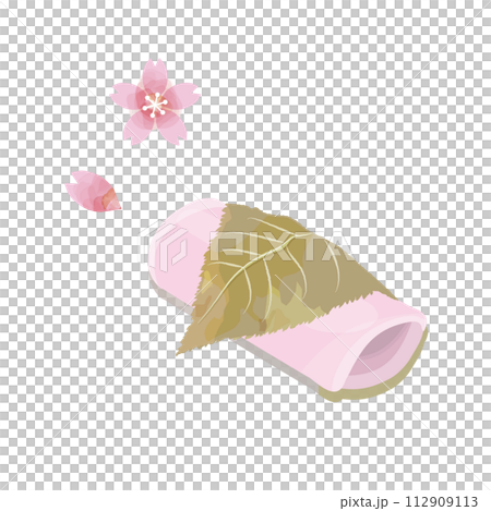 Illustration set of sakuramochi and cherry blossoms drawn with a soft touch in a watercolor style 112909113