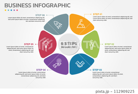 Visual data presentation. Cycle diagram with 6 options. Pie Chart Circle infographic template with 6 steps, options, parts, segments. Business concept. Marketing infographic vector illustration. Visual data presentation. Cycle diagram with 6 options. Pie Chart Circle infographic template with 6 steps, options, parts, segments. Business concept. Marketing infographic vector illustration. 112909225