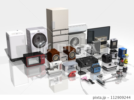 家電　電化製品　電気製品　多数　複数　斜め角度(3DCGイメージ) 112909244