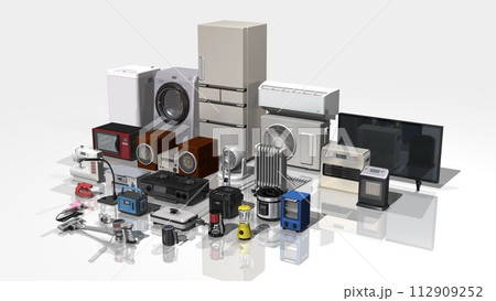 家電　電化製品　電気製品　多数　複数　斜め角度(3DCGイメージ)ワイドサイズ 112909252