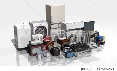 家電　電化製品　電気製品　多数　複数　斜め角度(3DCGイメージ)ワイドサイズ 112909254