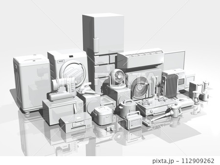 家電 電化製品 電気製品 多数 複数 モノクロ 白黒 斜め角度(3DCGイメージ) 家電 電化製品 電気製品 多数 複数 モノクロ 白黒 斜め角度(3DCGイメージ) 112909262
