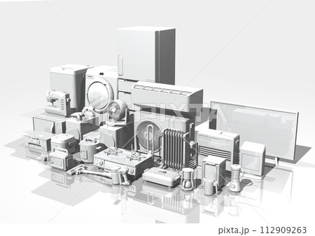 家電　電化製品　電気製品　多数　複数　モノクロ　白黒　斜め角度(3DCGイメージ) 112909263