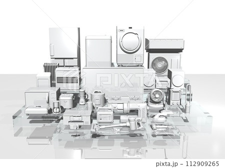 家電 電化製品 電気製品 多数 複数 モノクロ 白黒 展示風(3DCGイメージ) 家電 電化製品 電気製品 多数 複数 モノクロ 白黒 展示風(3DCGイメージ) 112909265