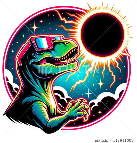 Dinosour wear glasses and watch Solar Eclipse cartoon clipart. AI generate 112911009