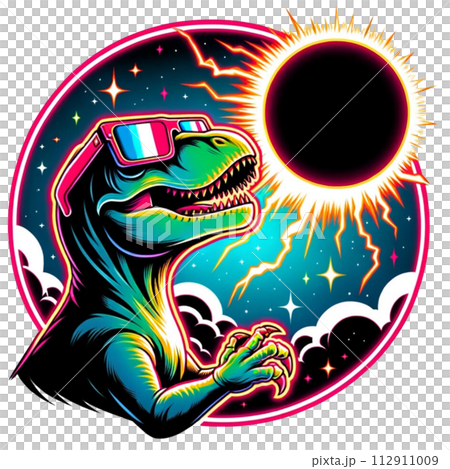 Dinosour wear glasses and watch Solar Eclipse cartoon clipart. AI generate 112911009