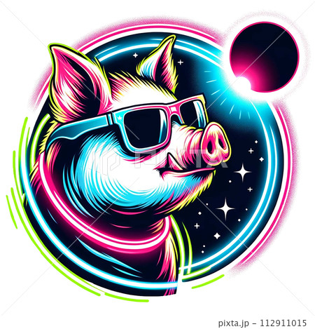 Pig wear glasses and watch Solar Eclipse cartoon clipart. AI generate 112911015