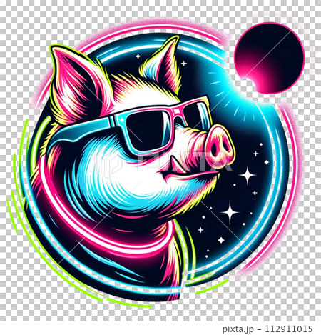 Pig wear glasses and watch Solar Eclipse cartoon clipart. AI generate 112911015