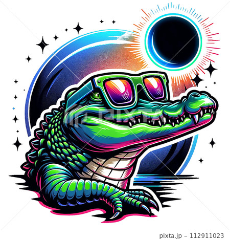 Crocodile wear glasses and watch Solar Eclipse cartoon clipart. AI generate 112911023