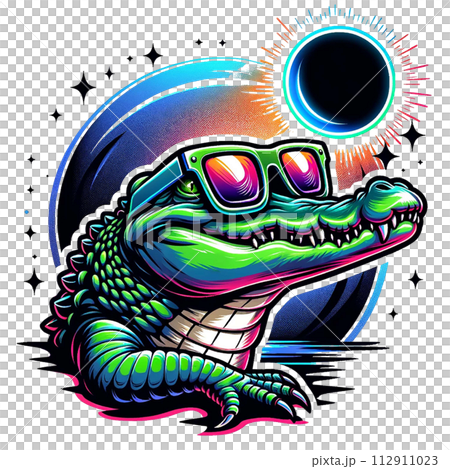 Crocodile wear glasses and watch Solar Eclipse cartoon clipart. AI generate 112911023