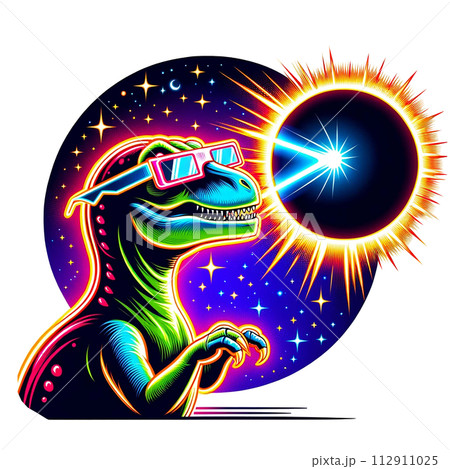 Dinosour wear glasses and watch Solar Eclipse cartoon clipart. AI generate 112911025