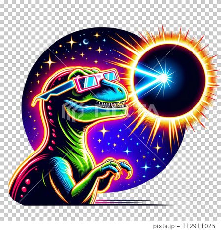 Dinosour wear glasses and watch Solar Eclipse cartoon clipart. AI generate 112911025