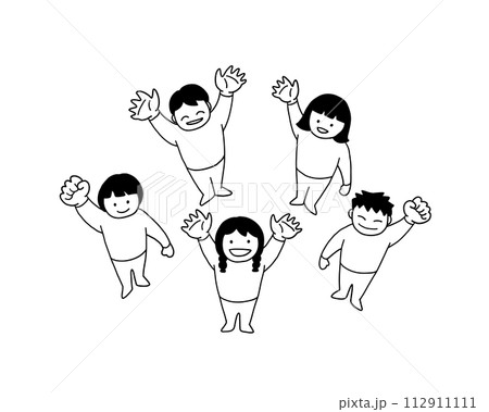 上に手を振る子ども達の線画イラスト 白黒 上に手を振る子ども達の線画イラスト 白黒 112911111