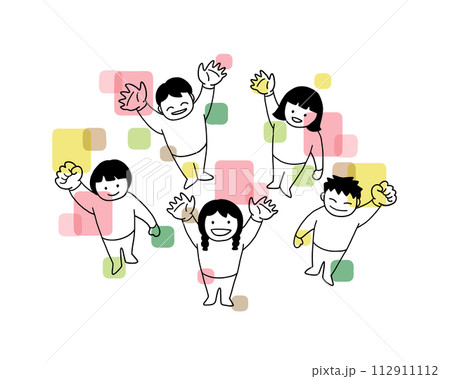 上に手を振る子ども達の線画イラスト 色付き 上に手を振る子ども達の線画イラスト 色付き 112911112