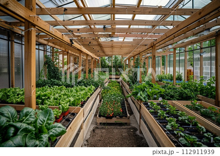 indoor vegetable garden in the greenhouse, growing tomatoes and lettuce 112911939