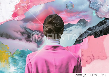 Collage of mountains and clouds, a woman looking through the collage in the style of pink jacket with white turtleneck shirt Collage of mountains and clouds, a woman looking through the collage in the style of pink jacket with white turtleneck shirt 112911945