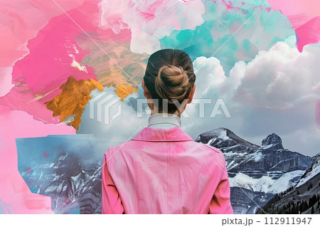 Collage of mountains and clouds, a woman looking through the collage in the style of pink jacket with white turtleneck shirt Collage of mountains and clouds, a woman looking through the collage in the style of pink jacket with white turtleneck shirt 112911947