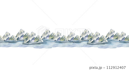 Watercolor suburban mountain seamless banner. North scandi stones, hills near sea , outdoor landscape for travel, trip label design. Nature, peacefully illustration Watercolor suburban mountain seamless banner. North scandi stones, hills near sea , outdoor landscape for travel, trip label design. Nature, peacefully illustration 112912407