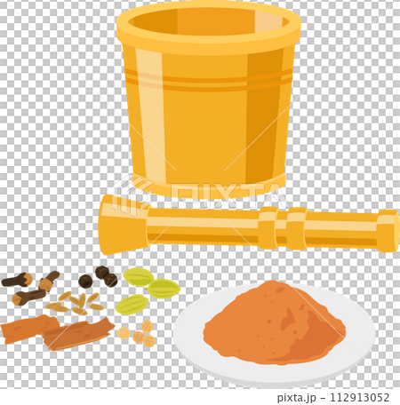 Brass grinder and ground spices 112913052