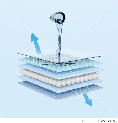 3d pour water from a drinking glass onto the absorbent pad and ventilate shows with synthetic fiber hair, water droplets for diapers, sanitary napkin, baby diaper adult concept, 3d render illustration 3d pour water from a drinking glass onto the absorbent pad and ventilate shows with synthetic fiber hair, water droplets for diapers, sanitary napkin, baby diaper adult concept, 3d render illustration 112913419