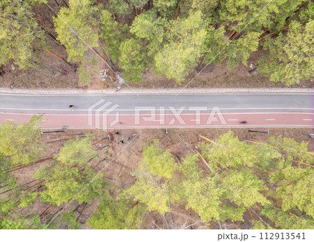 Aerial view of the road in the summer forest with green high pine or spruce trees. 112913541