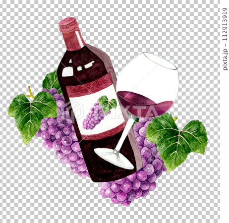 Red wine bottle and wine glass hand-drawn watercolor illustration material of drinks (alcohol) 112913919